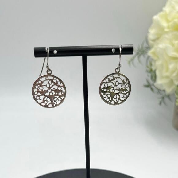 Sterling Silver 925 Filigree Design Round Dangle Drop Pierced Earrings - Picture 1 of 5